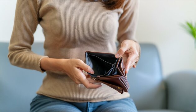 Stressed, Problem people asian woman hand holding and open an empty wallet not have money, credit card, not to payment bill, loan or expense in pay. Bankruptcy, bankrupt and debt financial concept