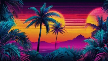 Obraz premium Retro image of the tropics, in neon light.
