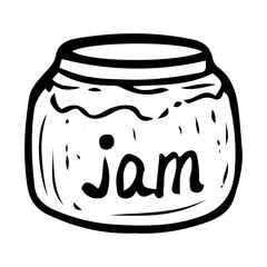 Jar of jam hand drawn doodle. Glass container with sweet berry dessert. Sugar food. Canned fruits. Vector sketch line art illustration.