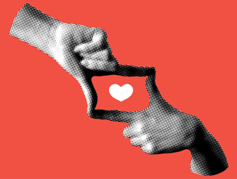 Social media heart reaction inside frame from hands. Hands showing cropping composition gesture. Modern collage. Halftone hands focus on likes