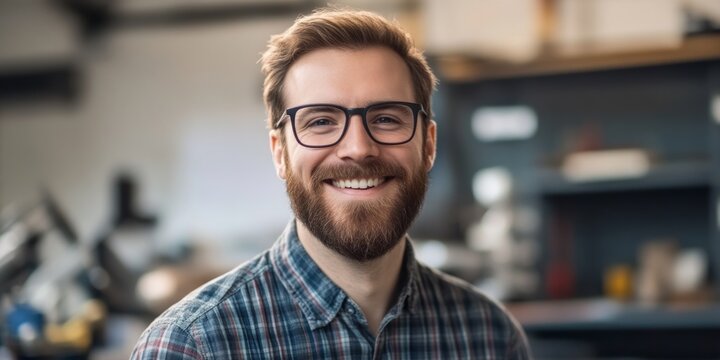 A young man with a friendly smile is posing for the camera. He wears glasses and a checkered shirt. This image conveys a warm and approachable vibe in a casual setting. AI
