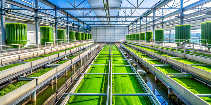 Algae farm producing bio fuel with vibrant green algae plants in a sustainable energy concept, algae, farm, biofuel