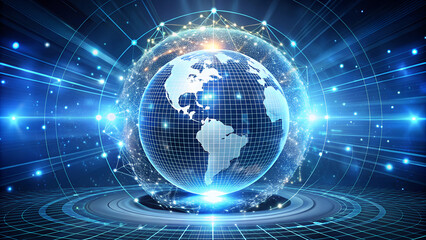 Obraz premium Glowing digital globe representation with high-tech blue background and light effects