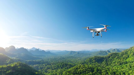 A dynamic image of a drone flying over a lush green forest, capturing stunning aerial views. The scene captures the essence of environmental exploration and adventure, with the drone positioned