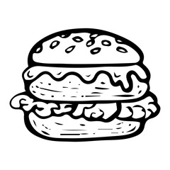 Chicken Burger hand drawn doodle. Sandwich with chicken cutlet, lettuce, cheese. Bun with sesame seeds. Sauce ketchup, mustard. Grilled meat snack. Fast food. Vector sketch line art illustration.
