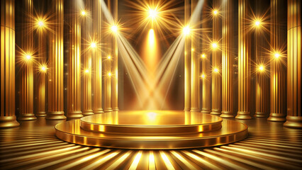 Golden stage background with symmetrical pillars and rays of light forming an abstract shape , golden