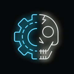 Obraz premium Glowing neon icon of a gear and a skull representing the danger of artificial intelligence