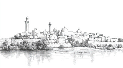 Hebron, West Bank, black and white pen pencil hand-drawn effect drawing illustration for travel poster, card, wallpaper, backdrop or banner. Modern, clear, artistic and simple