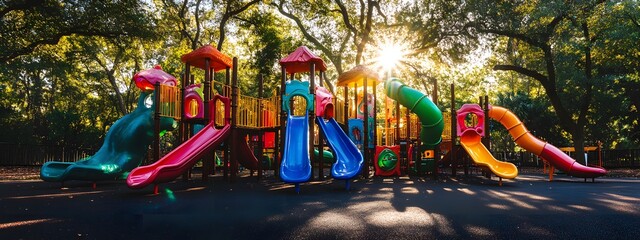 A colorful playground made of acrylic panels, featuring slides and climbing structures in various colors like reds, blues, greens, yellows, pinks, purples, and oranges