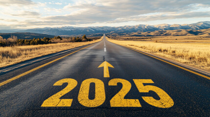 Year '2025' Written in Yellow on Asphalt Road with Arrow Pointing Forward: Symbolizing Hope and the Future for the New Year - Perfect Visual for Motivational Themes, Progress, and New Beginnings.