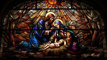 A nativity scene in a stained glass window
