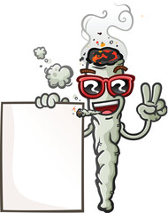 marijuana joint cartoon character with a cool attitude wearing stylish sunglasses and flashing a peace sign and holding a large sign clip art illustration