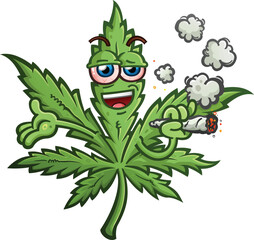 marijuana pot leaf cartoon character with a cool attitude and bloodshot red eyes smoking a fat doobie joint with his arms outstretched for a dude hug