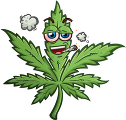 marijuana pot leaf cartoon character with a cool attitude and bloodshot red eyes smoking a fat doobie joint and smiling big while getting high on hemp smoke
