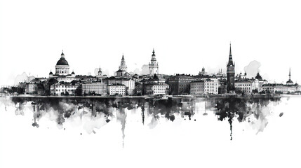 Naklejka premium Helsinki, Finland, black and white pen pencil hand-drawn effect drawing illustration for travel poster, card, wallpaper, backdrop or banner. Modern, clear, artistic and simple