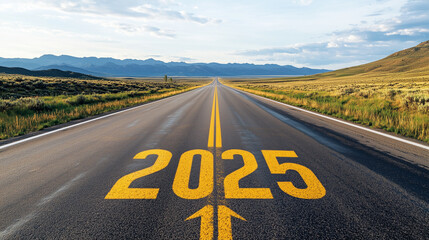Year '2025' Written in Yellow on Asphalt Road with Arrow Pointing Forward: Symbolizing Hope and the Future for the New Year - Perfect Visual for Motivational Themes, Progress, and New Beginnings.