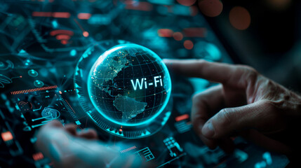 high tech image featuring hand interacting with digital globe displaying Wi Fi connectivity, symbolizing global communication and technology