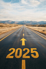 Year '2025' Written in Yellow on Asphalt Road with Arrow Pointing Forward: Symbolizing Hope and the Future for the New Year - Perfect Visual for Motivational Themes, Progress, and New Beginnings.