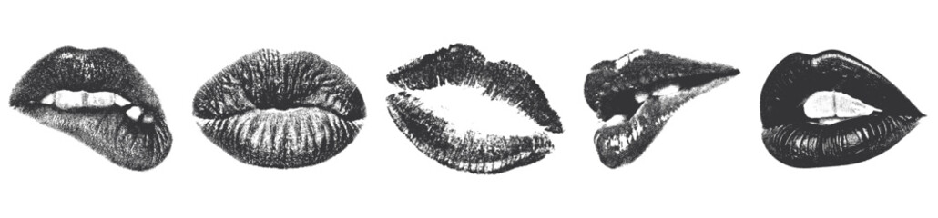 Grainy monochrome set of a sexy woman lips with a retro photocopy effect