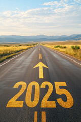 Year '2025' Written in Yellow on Asphalt Road with Arrow Pointing Forward: Symbolizing Hope and the Future for the New Year - Perfect Visual for Motivational Themes, Progress, and New Beginnings.