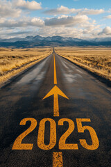 Year '2025' Written in Yellow on Asphalt Road with Arrow Pointing Forward: Symbolizing Hope and the Future for the New Year - Perfect Visual for Motivational Themes, Progress, and New Beginnings.