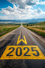 Year '2025' Written in Yellow on Asphalt Road with Arrow Pointing Forward: Symbolizing Hope and the Future for the New Year - Perfect Visual for Motivational Themes, Progress, and New Beginnings.