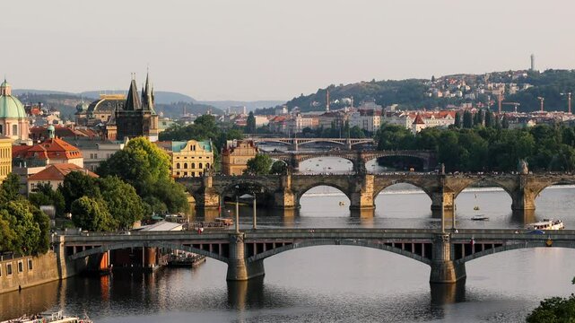 Scenic view of the Old Town pier architecture and Charles Bridge over Vltava river in Prague, Czech Republic