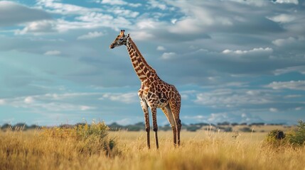 Obraz premium Graceful Giraffe Silhouetted Against a Stunning Sunset Landscape