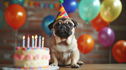 Adorable Pug Puppy Wearing a Colorful Party Hat Celebrating Birthday with Cake Balloons and Lit Candles