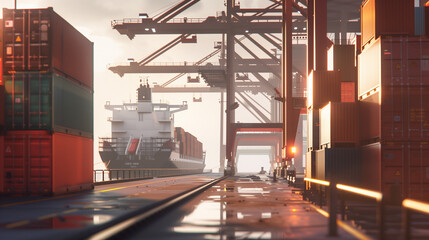 Fototapeta premium Large cargo ship docked at empty port with stacked containers and idle cranes, symbolizing port strike and industrial tension.