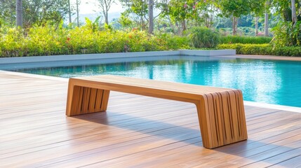 Fototapeta premium Modern Wooden Bench by Tranquil Swimming Pool