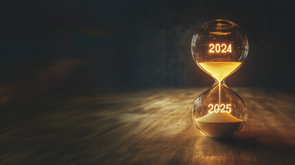 Hourglass Engraved with '2024' on the Upper Half and '2025' on the Lower Half: Sand Flowing to Symbolize Transition from One Year to the Next - Ideal for Themes of Time, Change, and New Beginnings.