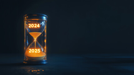 Hourglass Engraved with '2024' on the Upper Half and '2025' on the Lower Half: Sand Flowing to Symbolize Transition from One Year to the Next - Ideal for Themes of Time, Change, and New Beginnings.