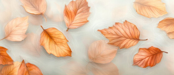Fototapeta premium A painting of leaves floating in water with a calm and serene mood