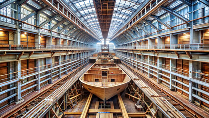 Majestic ship hull under construction in vast illuminated drydock facility