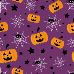 Vector seamless Halloween pattern with orange pumpkins, spider and cobwebs on a purple background