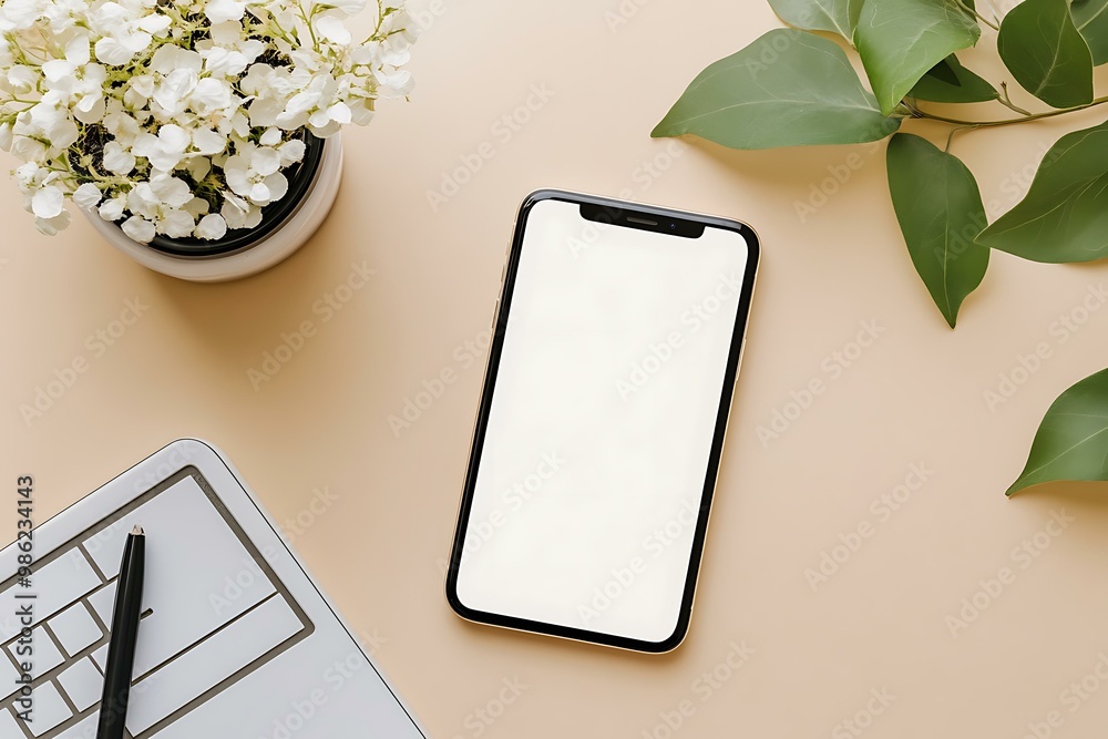 Poster Flat Lay of a Smartphone with White Flowers and Green Leaves