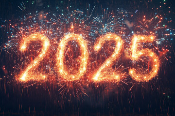 Colorful Fireworks Forming the Number '2025' Against a Dark Background: A Festive Celebration for New Year's Eve - Perfect Visual for New Year’s Promotions, Events, and Joyful Celebrations.