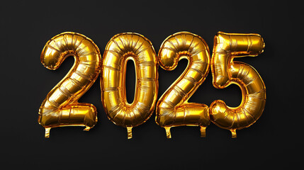 Number "2025" made of inflated golden plastic, black background: A Unique and Whimsical Visual Perfect for New Year’s Promotions, Celebrations, Events - Capturing Joy and Creativity for the New Year.