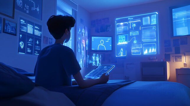 A 3D animated student in a smart dorm room, with voice-activated AI devices and advanced holographic displays showing study material and schedules 
