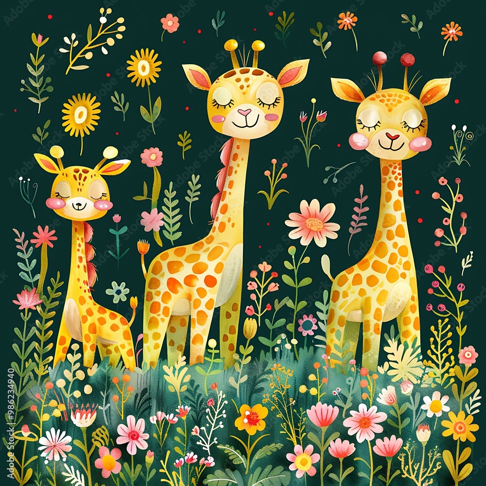 Sticker cute giraffes family in a green meadow with flowers