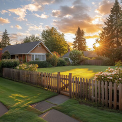 Wide view of a wooden picket fence in front of a cozy suburban home