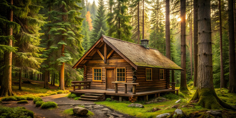 Rustic cabin nestled in a peaceful forest setting, Cozy, retreat, cabin, woods, nature, relaxation, getaway, serene, tranquil