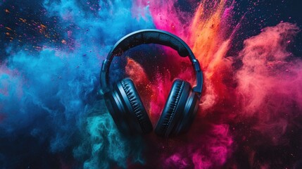 Explosive color powder with headphones, symbolizing the electrifying experience of music festivals.