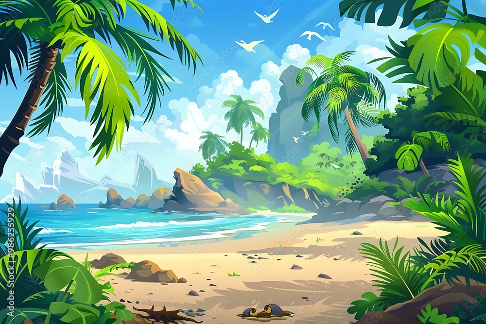 Poster Tropical Beach Landscape with Palm Trees and Blue Sky