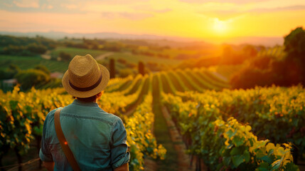 Fototapeta premium traveler visiting local vineyard at sunset, surrounded by lush green rows of grapevines. warm glow of sun creates serene and picturesque atmosphere