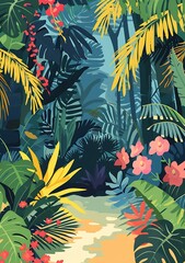 Tropical Jungle With Colorful Flowers and Lush Greenery