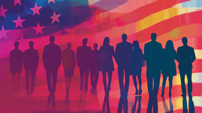 A political patriotic banner with an america flad in background and silhouettes of various people in business suits politicians standing in front presentation graphic
