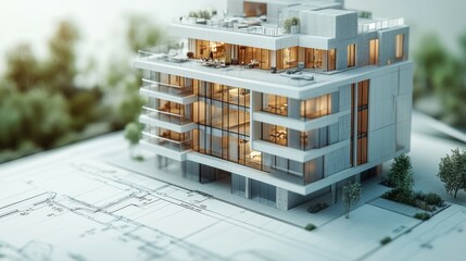 Obraz premium A realistic photo showing a close-up view of a CAD rendering of a multi-story building. The fine details of the architectural plans are clear, with measurements and annotations prominent
