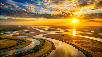 Fototapeta premium Sunset over a vast river delta with winding waterways, reflecting golden light off multiple channels, sunset, river